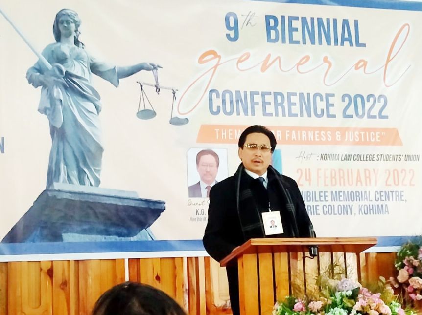 KG Kenye addressing the 9th Biennial General Conference of the Nagaland Law Students' Federation at Jubilee Memorial Center, Kohima on February 24. (Morung Photo)